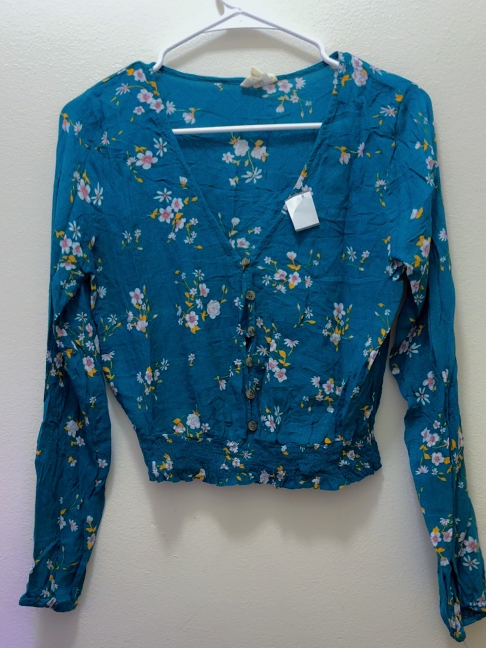 Sky and Sparrow Teal Floral V-Neck Button-Front Blouse